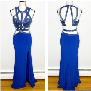 Jasz Couture Blue Beaded Grecian Style Prom Pageant Gown Size 2